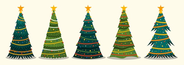 Collection d'arbres de noël plats dessinés à la main