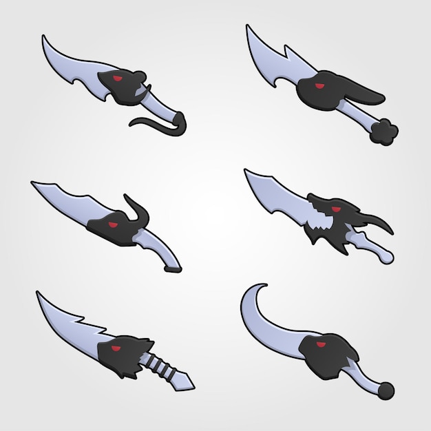 Vecteur gratuit collection d'arme de décoration pour les jeux. ensemble de couteaux de dessin animé en argent.