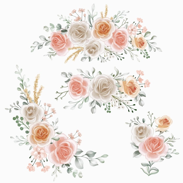 Vecteur gratuit collection d'arrangements floraux nuances de pêche orange doux et roses blanches