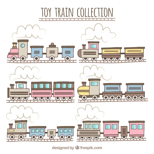 Vecteur gratuit collection artisanale de trains à jouets avec chemin de fer