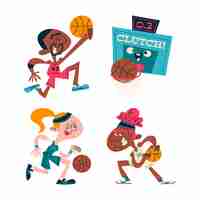 Vecteur gratuit collection d'autocollants de basket-ball de dessin animé rétro