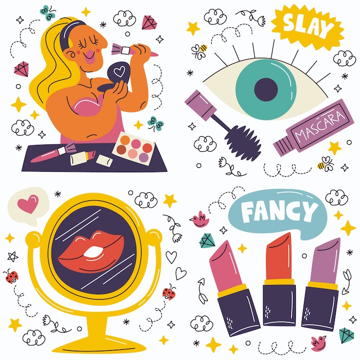 Vecteur gratuit collection d'autocollants cosmétiques et de maquillage doodle