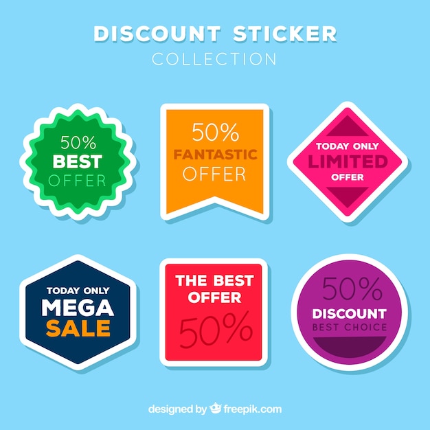 Vecteur gratuit collection d'autocollants discount plat