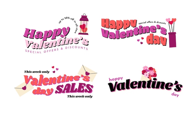 Vecteur gratuit collection d'autocollants et d'étiquettes de lettrage rétro saint valentin