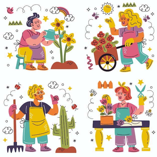 Vecteur gratuit collection d'autocollants de jardinage doodle