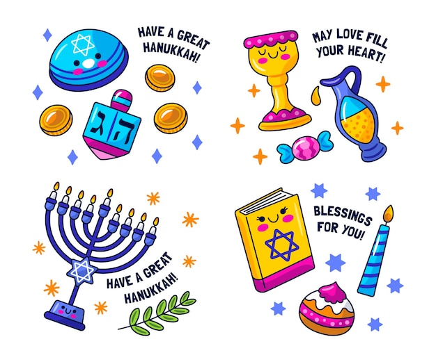 Vecteur gratuit collection d'autocollants kawaii hanukkah