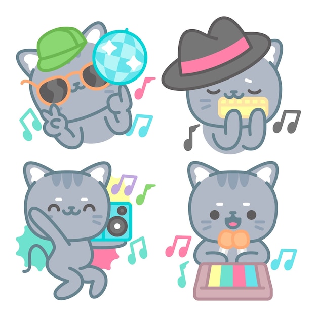 Vecteur gratuit collection d'autocollants de musique et de danse avec tomomi le chat