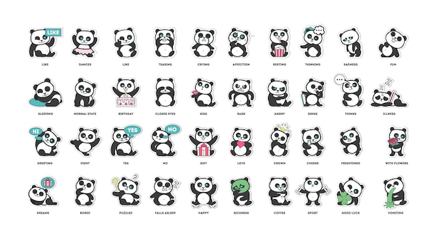 Vecteur gratuit collection d'autocollants panda mignon dans différentes poses différentes ambiances illustration vectorielle
