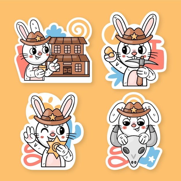 Vecteur gratuit collection d'autocollants ronnie le lapin cowboy