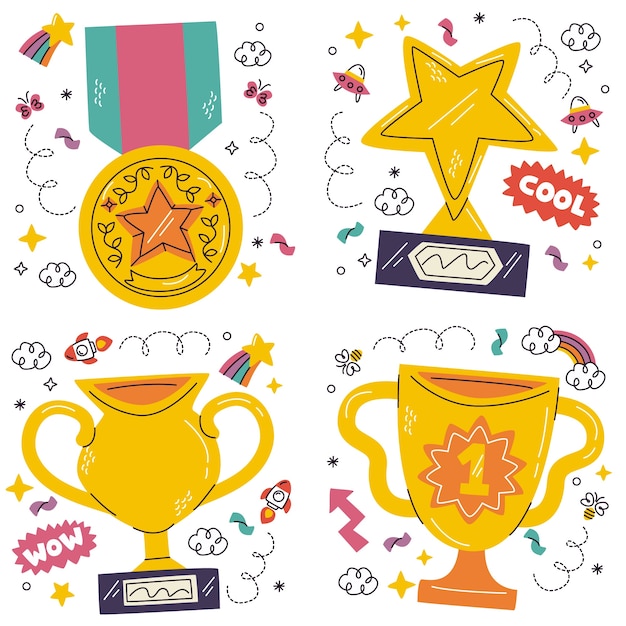 Vecteur gratuit collection d'autocollants de trophées et de récompenses doodle
