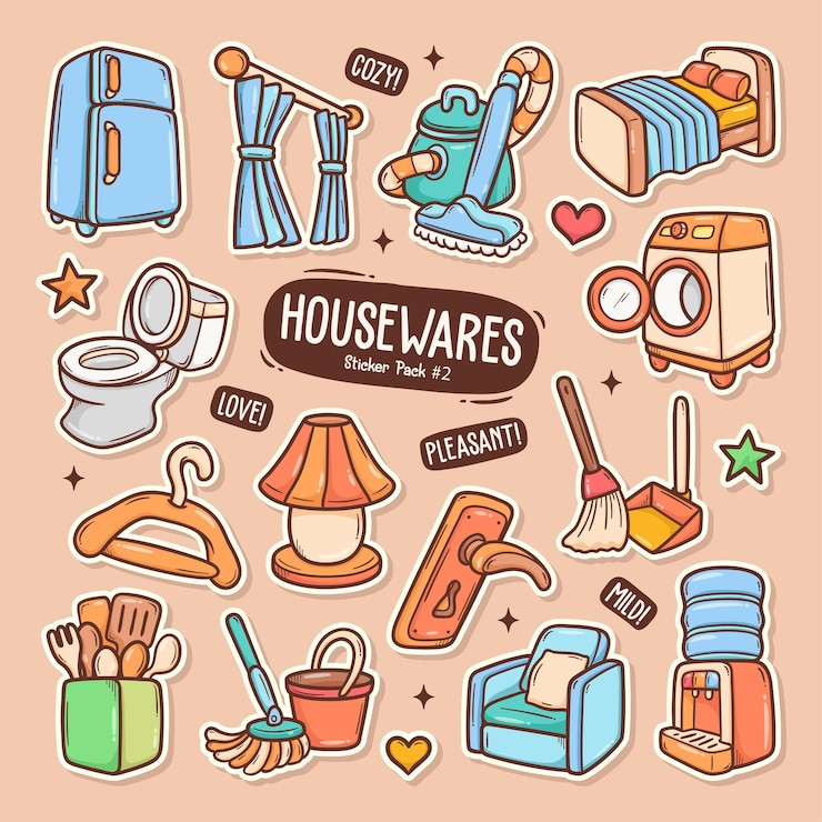Vecteur gratuit collection d'autocollants vectoriels doodle mignon d'articles ménagers 2