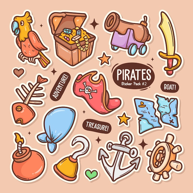 Vecteur gratuit collection d'autocollants vectoriels doodle mignon de pirates