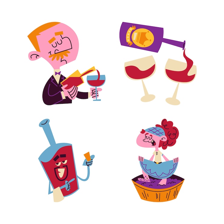 Vecteur gratuit une collection d'autocollants de vin de dessins animés rétro.