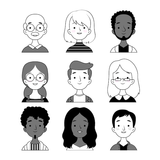 Vecteur gratuit collection d'avatars de personnes en noir et blanc