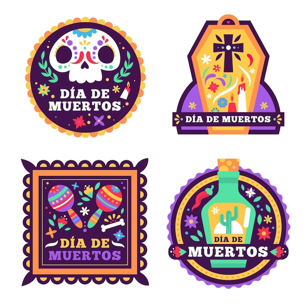 Vecteur gratuit collection de badges dia de muertos au design plat