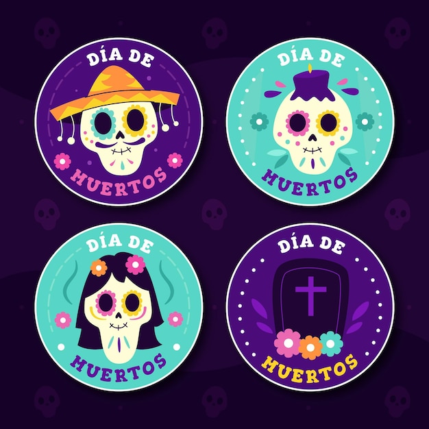 Vecteur gratuit collection de badges dia de muertos au design plat