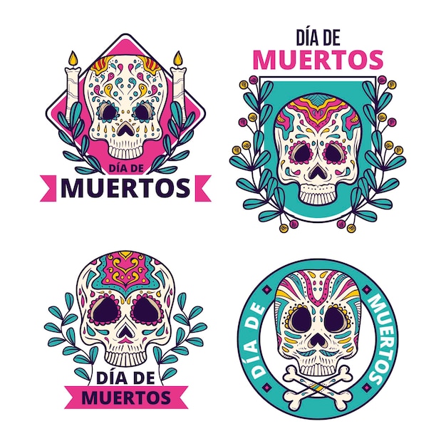 Vecteur gratuit collection de badges dia de muertos dessinés à la main