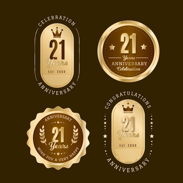 Vecteur gratuit collection de badges dorés design plat 21 ans