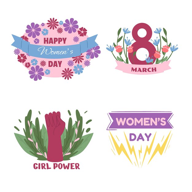Collection de badges de la journée internationale de la femme dessinés à la main