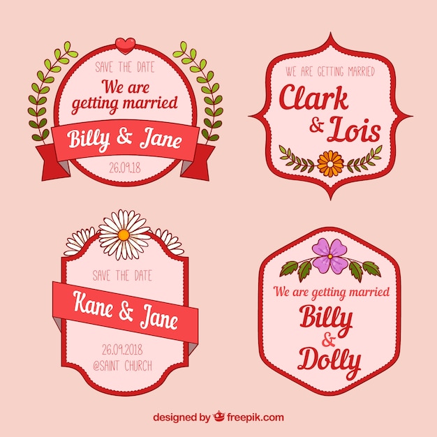 Vecteur gratuit collection de badges de mariage rouges