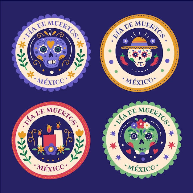 Collection De Badges Plats Dia De Muertos Dessinés à La Main