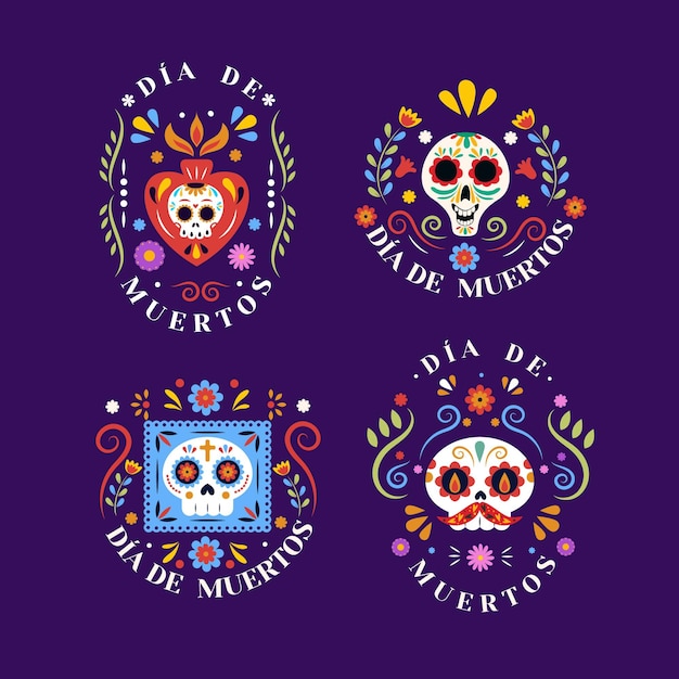 Collection De Badges Plats Dia De Muertos Dessinés à La Main