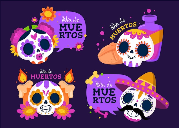 Vecteur gratuit collection de badges plats dia de muertos dessinés à la main