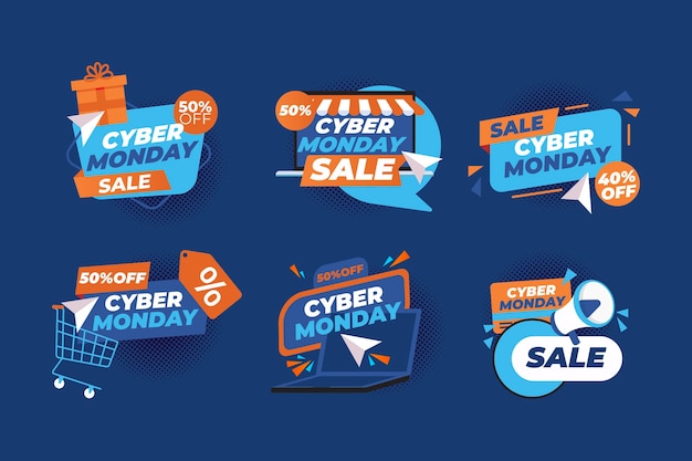 Vecteur gratuit collection de badges de vente à plat du cyber lundi