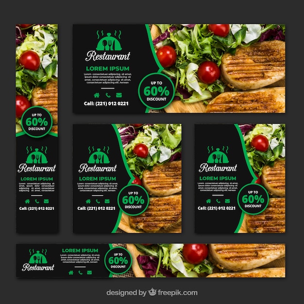 Vecteur gratuit collection de bannière de restaurant de nourriture saine avec des photos