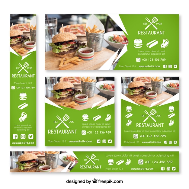 Vecteur gratuit collection de bannière web restaurant burger avec photo