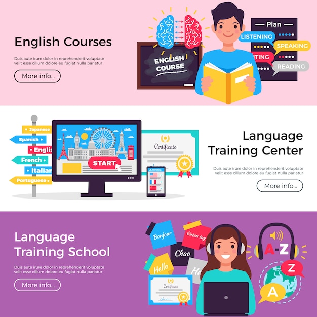 Vecteur gratuit collection de bannières de cours de langues en ligne