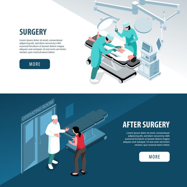 Collection de bannières horizontales médecin chirurgien isométrique avec illustration du texte et des boutons de l'opération chirurgicale de consultation