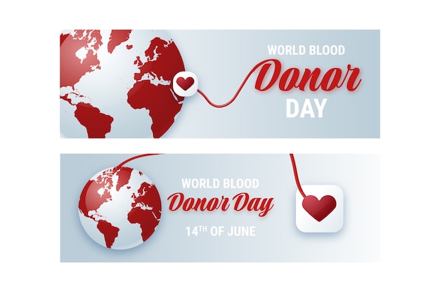 Vecteur gratuit collection de bannières horizontales réalistes pour la journée mondiale du donneur de sang