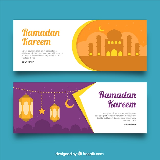 Vecteur gratuit collection de bannières ramadan avec mosquée et lampes