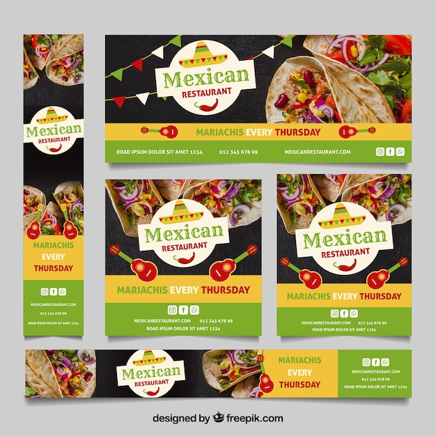 Vecteur gratuit collection de bannières de restaurant mexicain avec photos