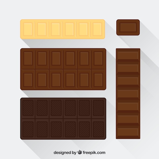 Collection de barres et de morceaux de chocolat avec différentes formes et saveurs