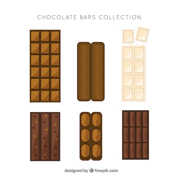 Vecteur gratuit collection de barres et de morceaux de chocolat avec différentes formes et saveurs