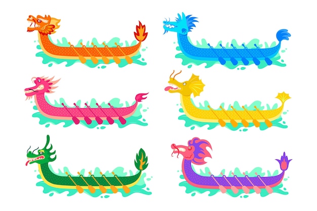 Vecteur gratuit collection de bateaux-dragons au design plat