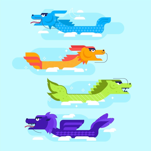 Collection de bateaux-dragons au design plat