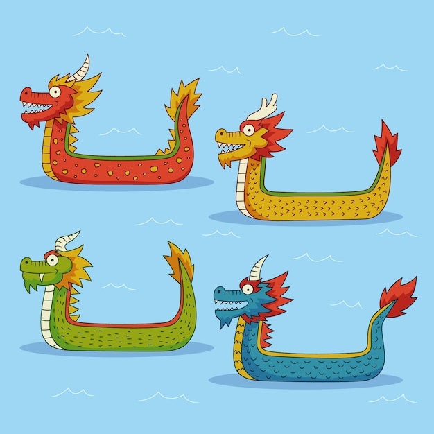 Vecteur gratuit collection de bateaux-dragons dessinés à la main