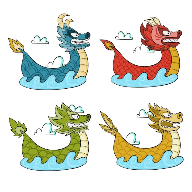 Vecteur gratuit collection de bateaux-dragons dessinés à la main