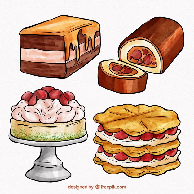 Collection de beaux gâteaux aquarelles sucrées