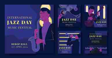 Vecteur gratuit une collection de billets d'instagram pour la célébration de la journée mondiale du jazz