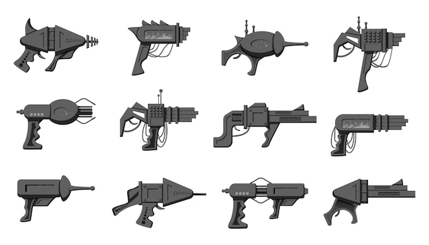 Collection de blasters futuristes noir et blanc isolé sur blanc