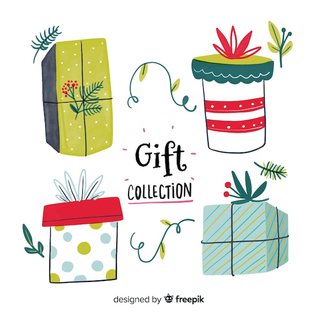 Vecteur gratuit collection de boîtes de cadeau de noël coloré dessiné à la main