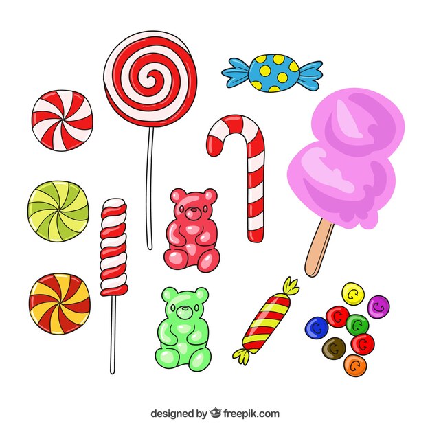 Collection de bonbons colorés dans un style dessiné à la main