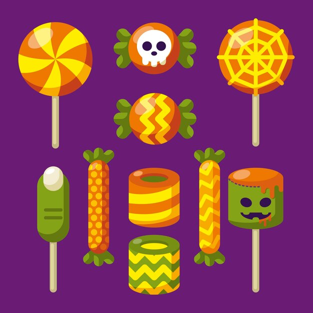 Vecteur gratuit collection de bonbons halloween design plat