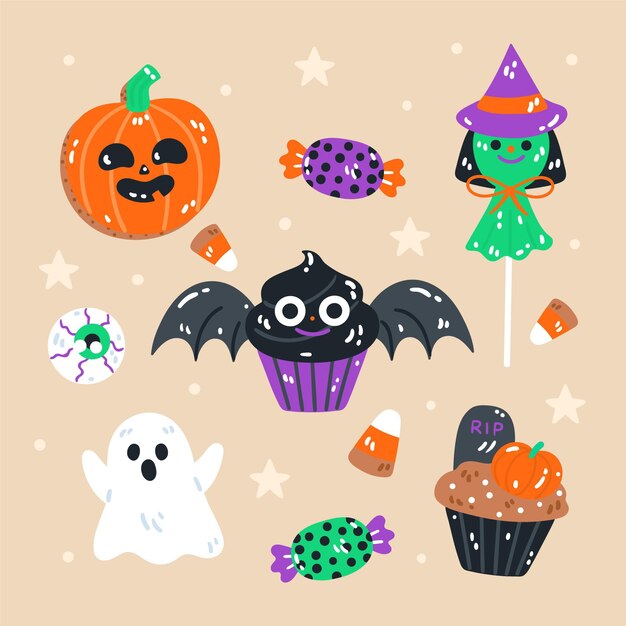 Collection de bonbons halloween plats dessinés à la main