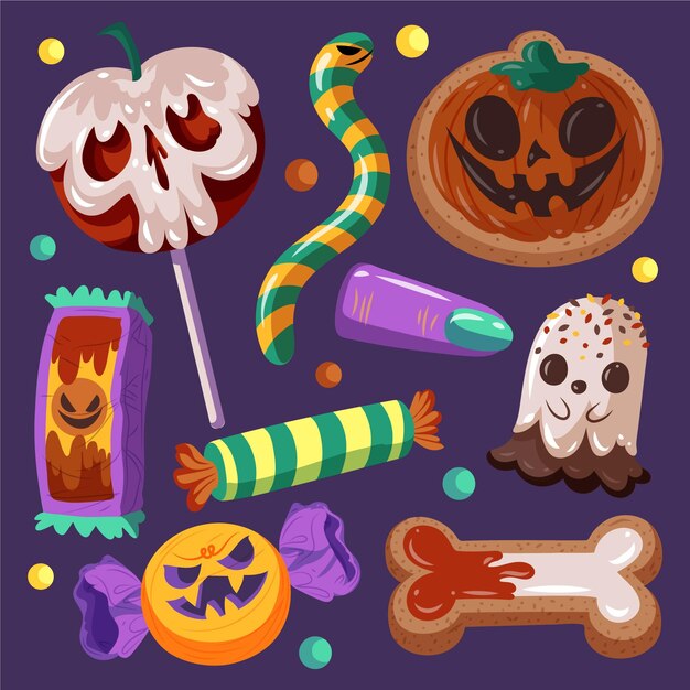 Collection de bonbons halloween plats dessinés à la main