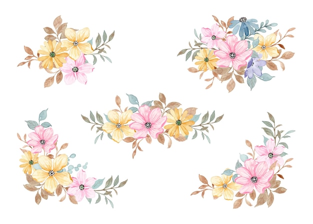 Collection de bouquet floral rose jaune à l'aquarelle